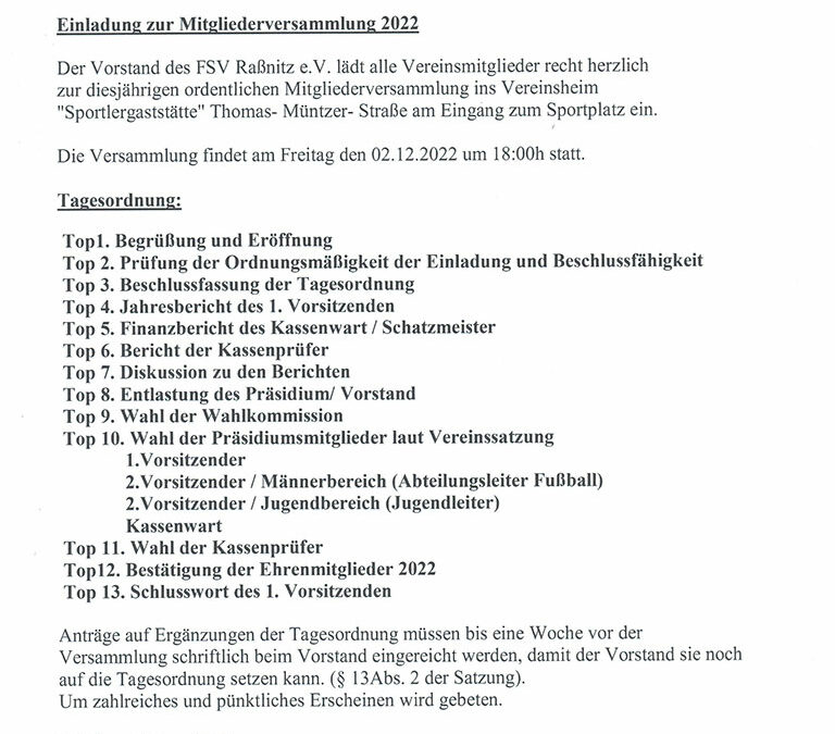 Mitgliederversammlung 2.12.2022 18Uhr